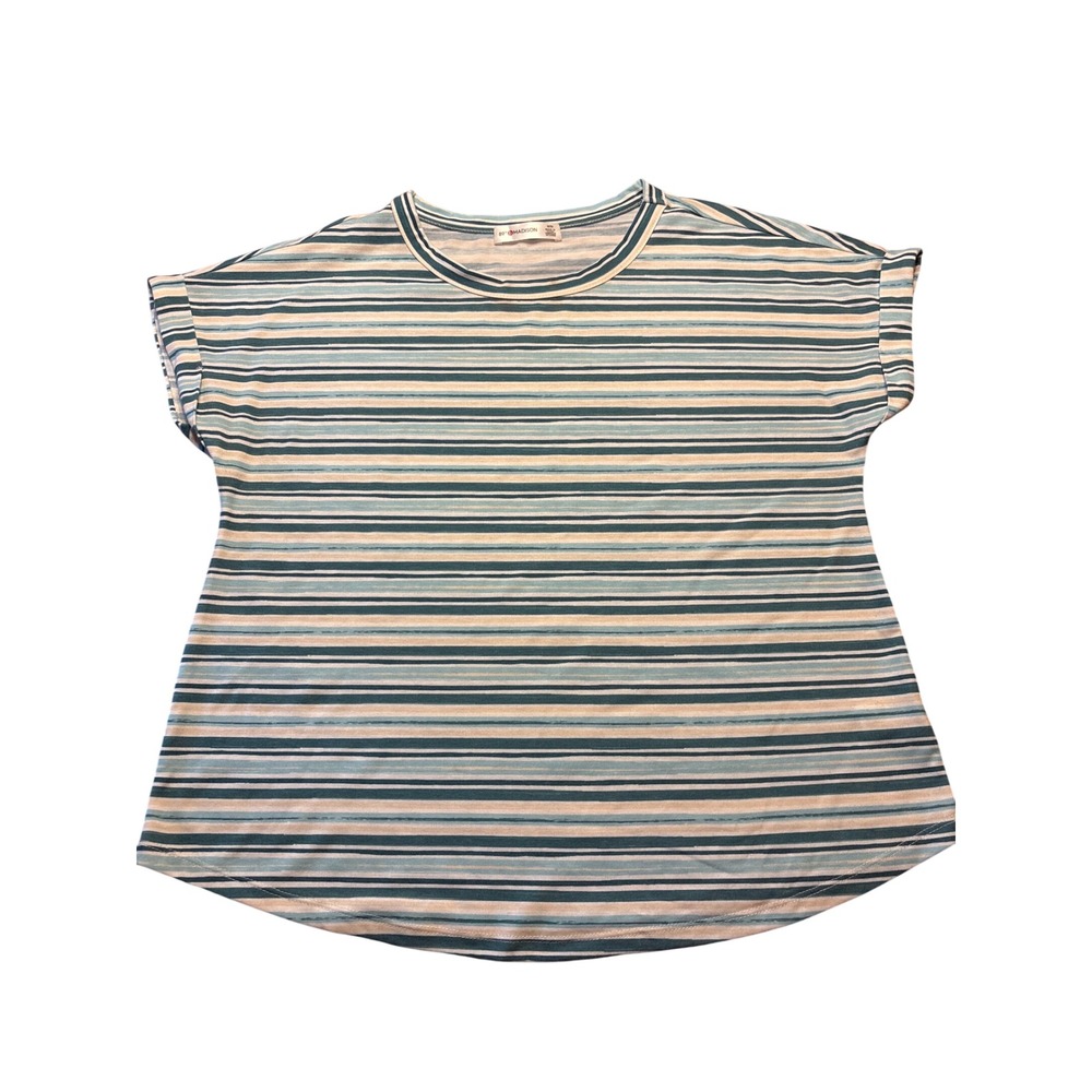 89th & Madison Womens Top Medium Teal Cream Striped Short Sleeve Crew Neck Tee